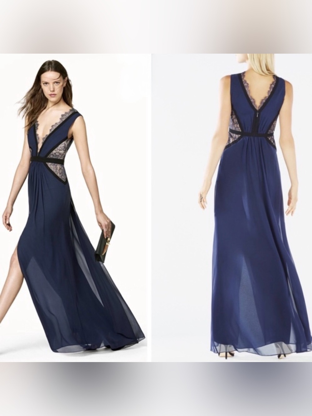 BCBG 100% Silk Navy Gown with Nude Lace